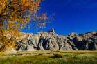 USA, South Dakota, Wall, Badlands National Park, Buttes framed by Fall Colorful Trees Art Print